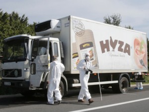 Forensic police officers at the site of the parked truck where 71 migrants were discovered.