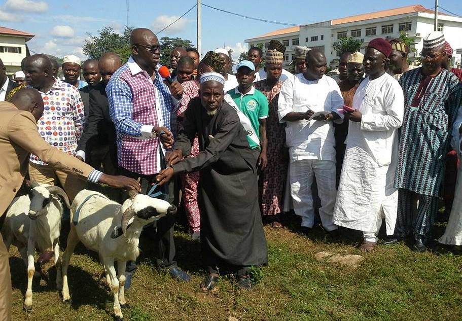 Governor Fayose distributing rams to the muslim leaders.