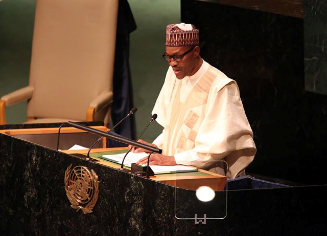 President Buhari delivering his speech at the UN session.