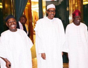 *President Buhari (middle) with Chief Bisi Akande and Asiwaju Bola Tinubu when the two APC chieftains visited the president in Abuja on Wednesday.