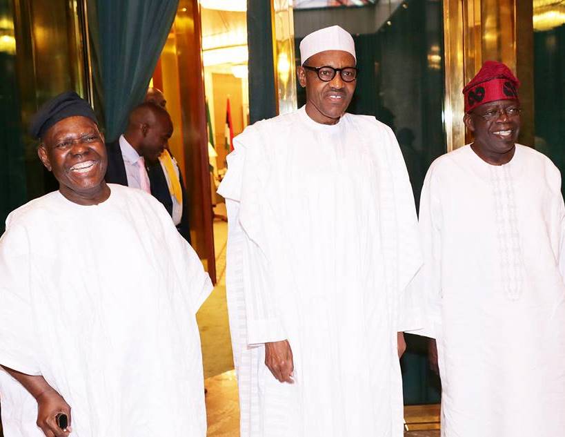 President Buhari (middle) with Chief Bisi Akande and Asiwaju Bola Tinubu when the two APC chieftains visited the president in Abuja on Wednesday.