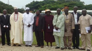 *L-R: Dean, School of Engineering, Engr. Fatai Salaudeen, Ojomu of Offa, High Chief Bayo Akinola who represented Olofa of Offa, Rector of the Polytechnic, Dr. Mufutau Olatinwo, Lead Paper Presenter, Dr. Jamiu Odusote, Deputy Rector, Administration, Dr. Ayodele Olaosebikan, representative of ASUP Chairman, Mr. Timothy Bankole, representative of the Registrar, Alh. Moshood Nafiu, Head of Civil Engineering Department, Engr. Moshood Anifowose and Head, Mechanical Engineering Department, Engr. Ariyo in a group photograph at the 4th National Conference of the School of Engineering recently held in the Polytechnic. 