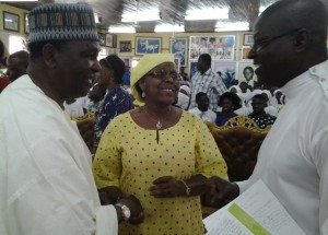 *Gowon (left) with Dr. Tokunbo Dosunmu-Awolowo and a leader of Celestial Church at the Awolowo Ikenne home on Thursday.