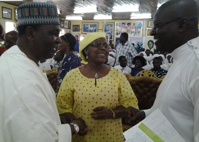 Gowon (left) with Dr. Tokunbo Dosunmu-Awolowo and a leader of Celestial Church at the Awolowo Ikenne home on Thursday.