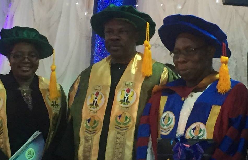 From right are Obasanjo, Amosun and Obilade after investiture of the former President.