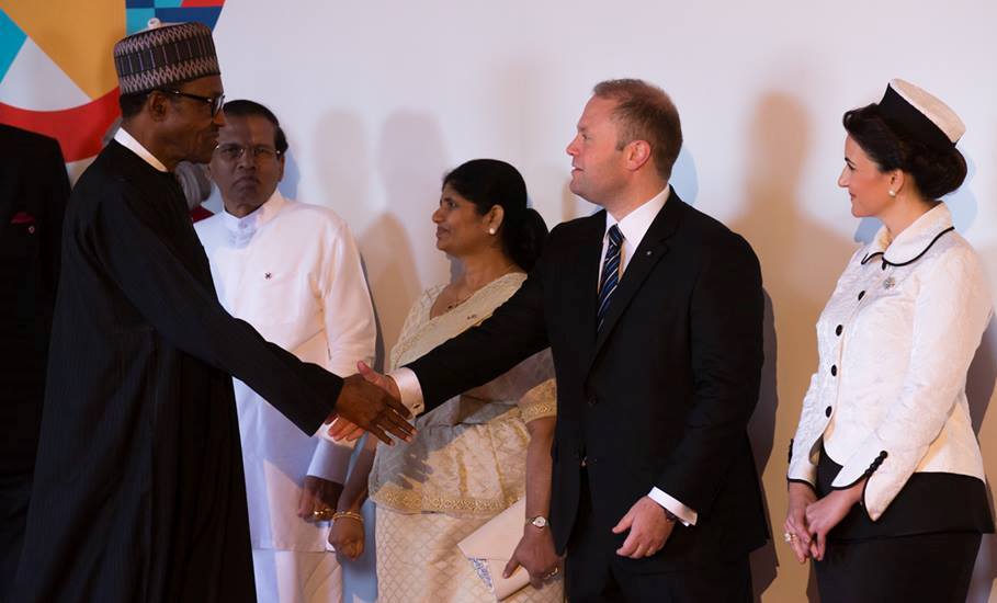 President Buhari being welcomed by Prime Minister of Malta Dr Joseph Muscat and his wife, and others to the meeting.