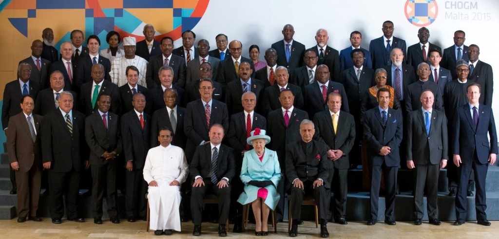 President Buhari (standing first right on second row) with Qeen Elizabeth and other heads of governments at the meeting of CHOGM in Malta.