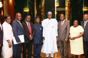 *President Buhari with the team from the Foursquare Gospel Church in Nigeria, led by Gen. Overseer, Rev Felix Meduoye.