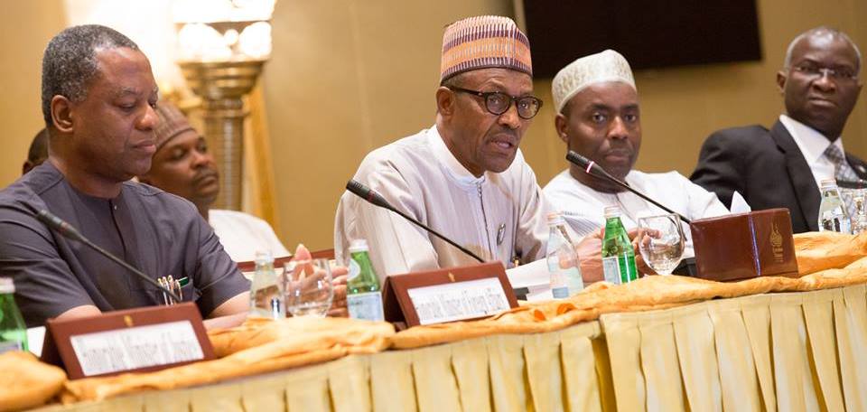 Buhari and his team at the interactive section with Nigerians in Abu Dhabi.