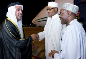 *Buhari being received by Sheikh Sultan Bin Zayed- 3rd Deputy Prime Minister of the United Arab Emirates and Ambassador of Nigeria to UAE Amb. Ibrahim Auwalu.