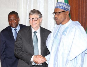 *Buhari in handshake with Bill Gates, while Dangote watches during the visit.