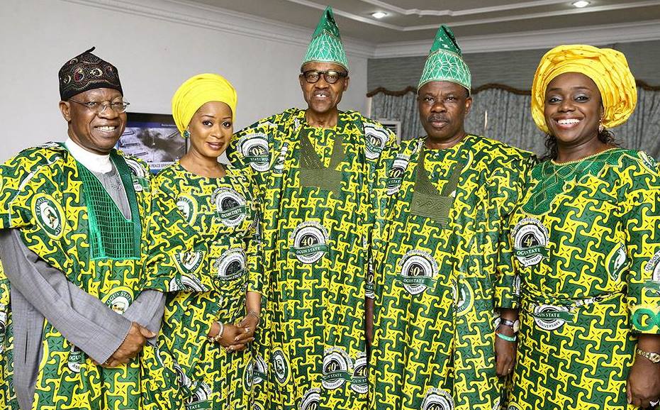 From left are Lai Mohammed, Amosun’s wife, Buhari, Governor Amosuna and Mrs. Kemi Adeosun.