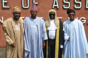 *Amosun (2nd left) with Chief Ernest Shonken (1st left), ex-Head, ING, former Chief of General Staff, Gen. Oladipo Diya (1st right) and Speaker after the budget presentation.