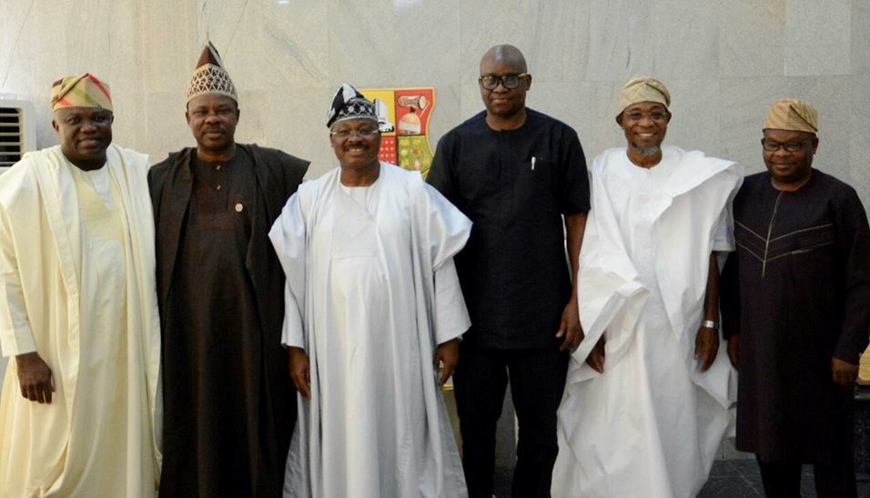 From left are Ambode, Amosun, Ajimobi, Fayose, Aregbesola, and representative on Ondo State Governor, Mr. Rotimi Adelola at the meeting.