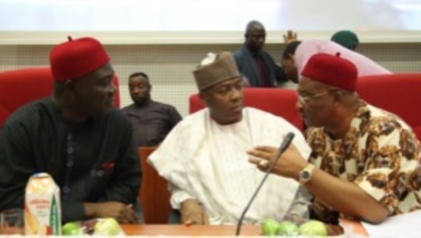 From left are Deputy Senate President, Senator Ike Ekweremadu, Senate President, Dr. Abubakar Bukola Saraki and Chairman, Senate Committee on Customs, Excise and Tariff, Senator Hope Uzodinma at a public hearing on the Customs and Excise management Act (Repeal and Re-enanctment) Bill, 2016 in Abuja on Monday.