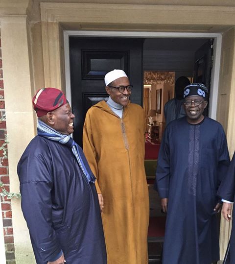 Buhari (middle) with Tinubu and Akande during the visit.