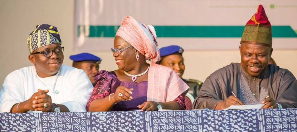 Amosun with Deputy Governor, Mrs. Yetunde Onanuga and Speaker, Suraju Adekunbi at the inauguration of the Consultative Council.