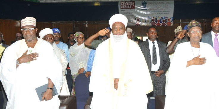 From left are the Director General of the National Broadcasting Commission (NBC), Mallam Ishaq Modibbo, Sultan of Sokoto, Alhaji Sa’ad Abubakar, and the Minister at the event.